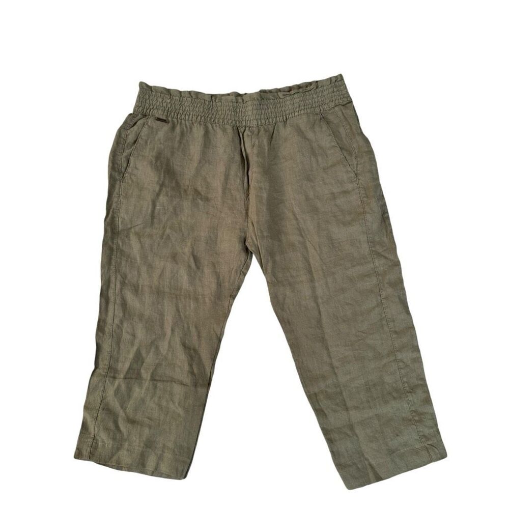 One of a kind Emee style 100% linen olive green capri pants elastic waist sz L